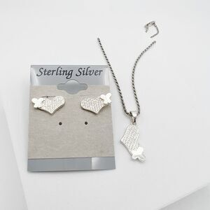 Sterling Silver Heart Butterfly Earrings and Necklace Set